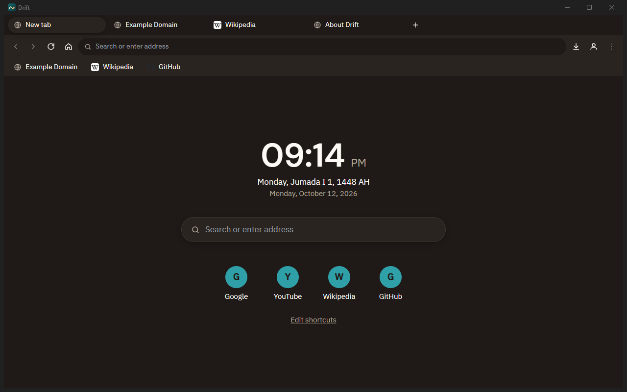 Drift new tab page, dark theme